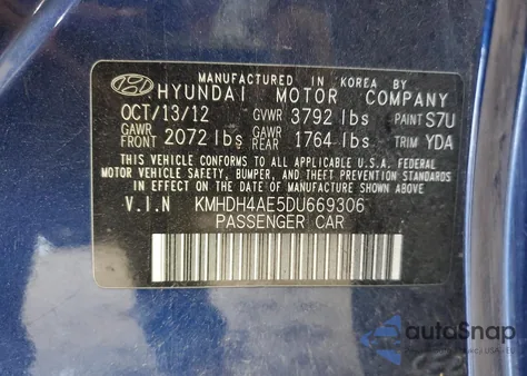 2013 Hyundai Elantra Gls from USA, damaged, VIN KMHDH4AE5DU669306